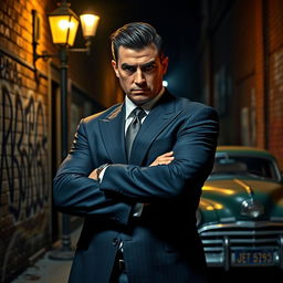 A tough-looking mafia guy with a sharp suit, slicked-back dark hair, and a slightly menacing expression