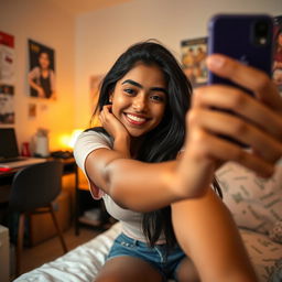 An Indian college girl taking a selfie, casually positioned on her bed in a cozy bedroom