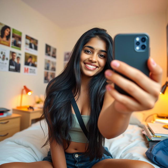 An Indian college girl taking a selfie, casually positioned on her bed in a cozy bedroom