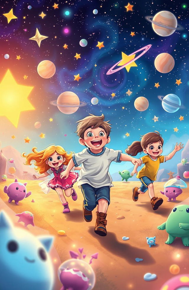 A whimsical scene depicting a young boy and his friends joyfully running through a dreamlike landscape filled with twinkling stars and colorful cosmic elements