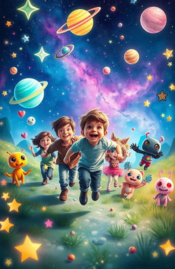 A whimsical scene depicting a young boy and his friends joyfully running through a dreamlike landscape filled with twinkling stars and colorful cosmic elements