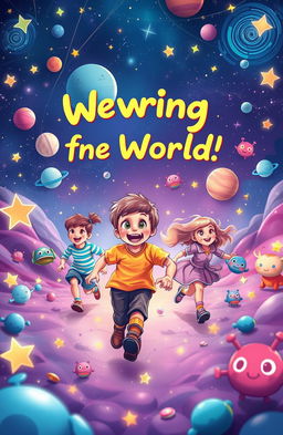 A whimsical scene depicting a young boy and his friends joyfully running through a dreamlike landscape filled with twinkling stars and colorful cosmic elements