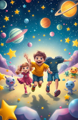 A whimsical scene depicting a young boy and his friends joyfully running through a dreamlike landscape filled with twinkling stars and colorful cosmic elements