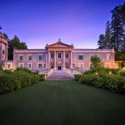 A luxurious mansion with neoclassical architecture, surrounded by beautifully manicured gardens under a twilight sky.