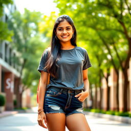 A confident Indian college girl with a perfect figure, wearing a stylish t-shirt and fashionable shorts that subtly show cleavage