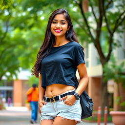 A confident Indian college girl with a perfect figure, wearing a stylish t-shirt and fashionable shorts that subtly show cleavage