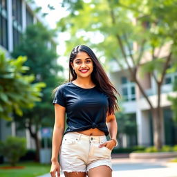 A confident Indian college girl with a perfect figure, wearing a stylish t-shirt and fashionable shorts that subtly show cleavage