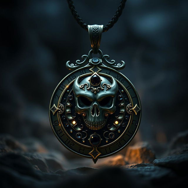 A beautifully crafted pendant representing the Norse goddess Hel, featuring intricate details such as a skull motif and dark gemstones