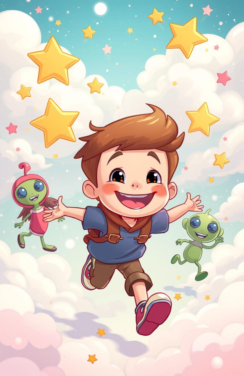 A vibrant, whimsical scene depicting a cartoon boy with a big smile in a dream-like atmosphere, running joyfully with his friends who are also cartoonish characters