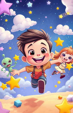 A vibrant, whimsical scene depicting a cartoon boy with a big smile in a dream-like atmosphere, running joyfully with his friends who are also cartoonish characters