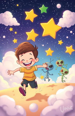 A vibrant, whimsical scene depicting a cartoon boy with a big smile in a dream-like atmosphere, running joyfully with his friends who are also cartoonish characters