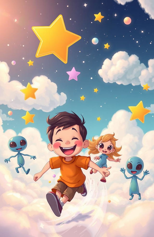 A vibrant, whimsical scene depicting a cartoon boy with a big smile in a dream-like atmosphere, running joyfully with his friends who are also cartoonish characters