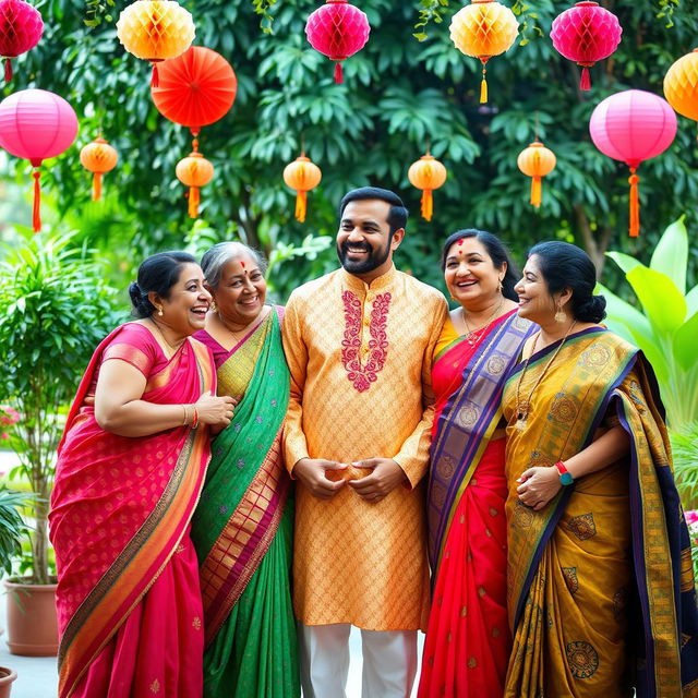 A joyful scene depicting one man surrounded by four loving aunties in traditional attire