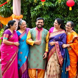 A joyful scene depicting one man surrounded by four loving aunties in traditional attire