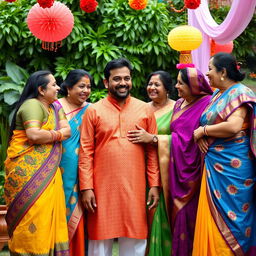 A joyful scene depicting one man surrounded by four loving aunties in traditional attire