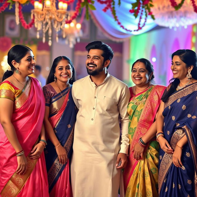 A charming scene featuring one man with four attractive aunties, all in alluring traditional attire