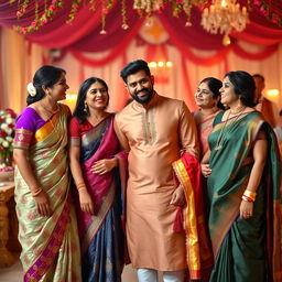 A charming scene featuring one man with four attractive aunties, all in alluring traditional attire