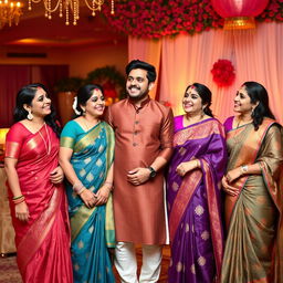 A charming scene featuring one man with four attractive aunties, all in alluring traditional attire