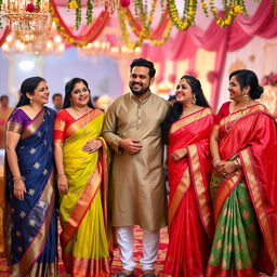 A charming scene featuring one man with four attractive aunties, all in alluring traditional attire