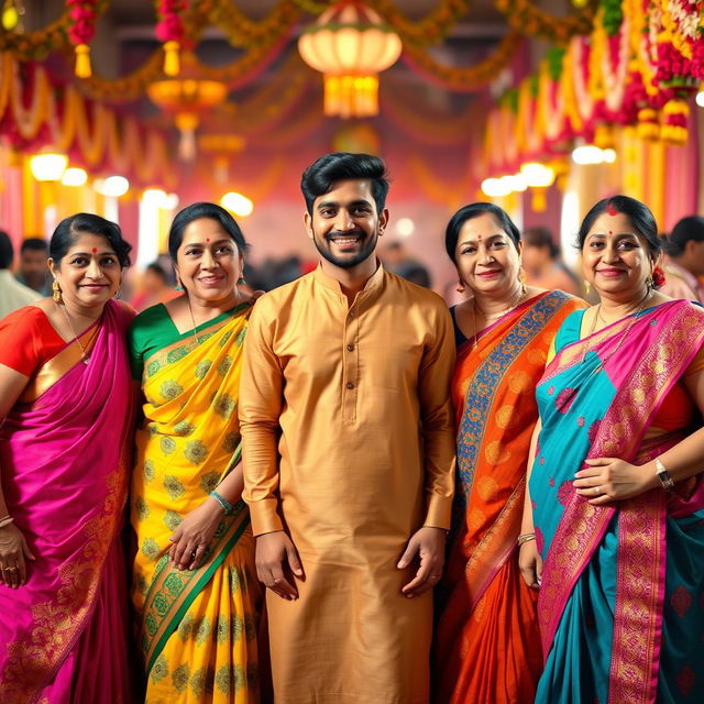 A handsome young man surrounded by four beautiful, confident aunties, all dressed in vibrant traditional attire