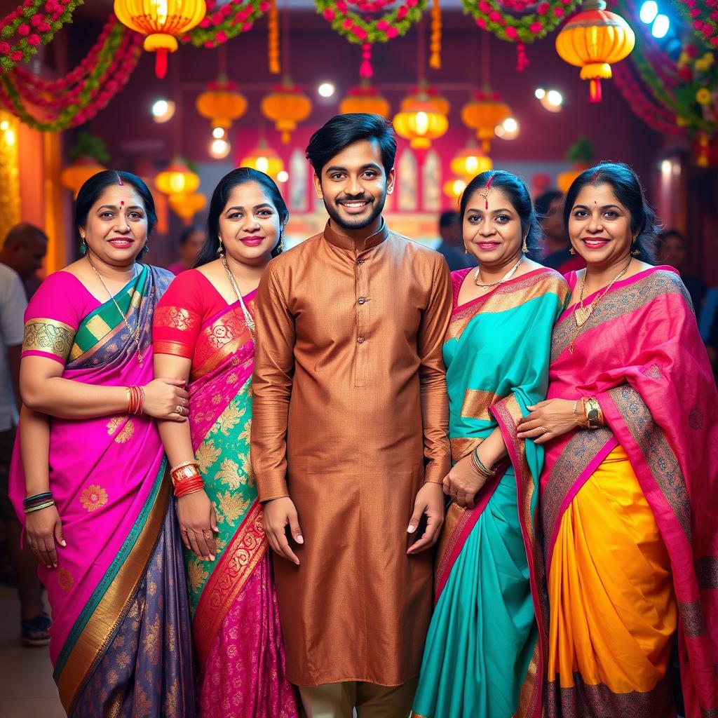 A handsome young man surrounded by four beautiful, confident aunties, all dressed in vibrant traditional attire