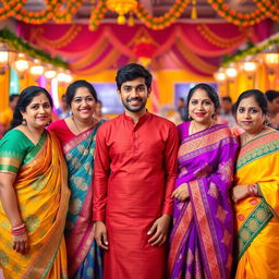A handsome young man surrounded by four beautiful, confident aunties, all dressed in vibrant traditional attire