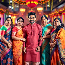 A handsome young man surrounded by four beautiful, confident aunties, all dressed in vibrant traditional attire