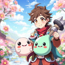 A charming anime scene showcasing a male character who has been reincarnated into a magical world, facing off against a cute slime monster