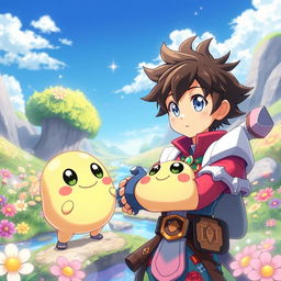 A charming anime scene showcasing a male character who has been reincarnated into a magical world, facing off against a cute slime monster