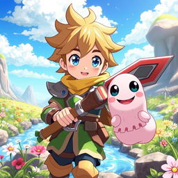 A charming anime scene showcasing a male character who has been reincarnated into a magical world, facing off against a cute slime monster
