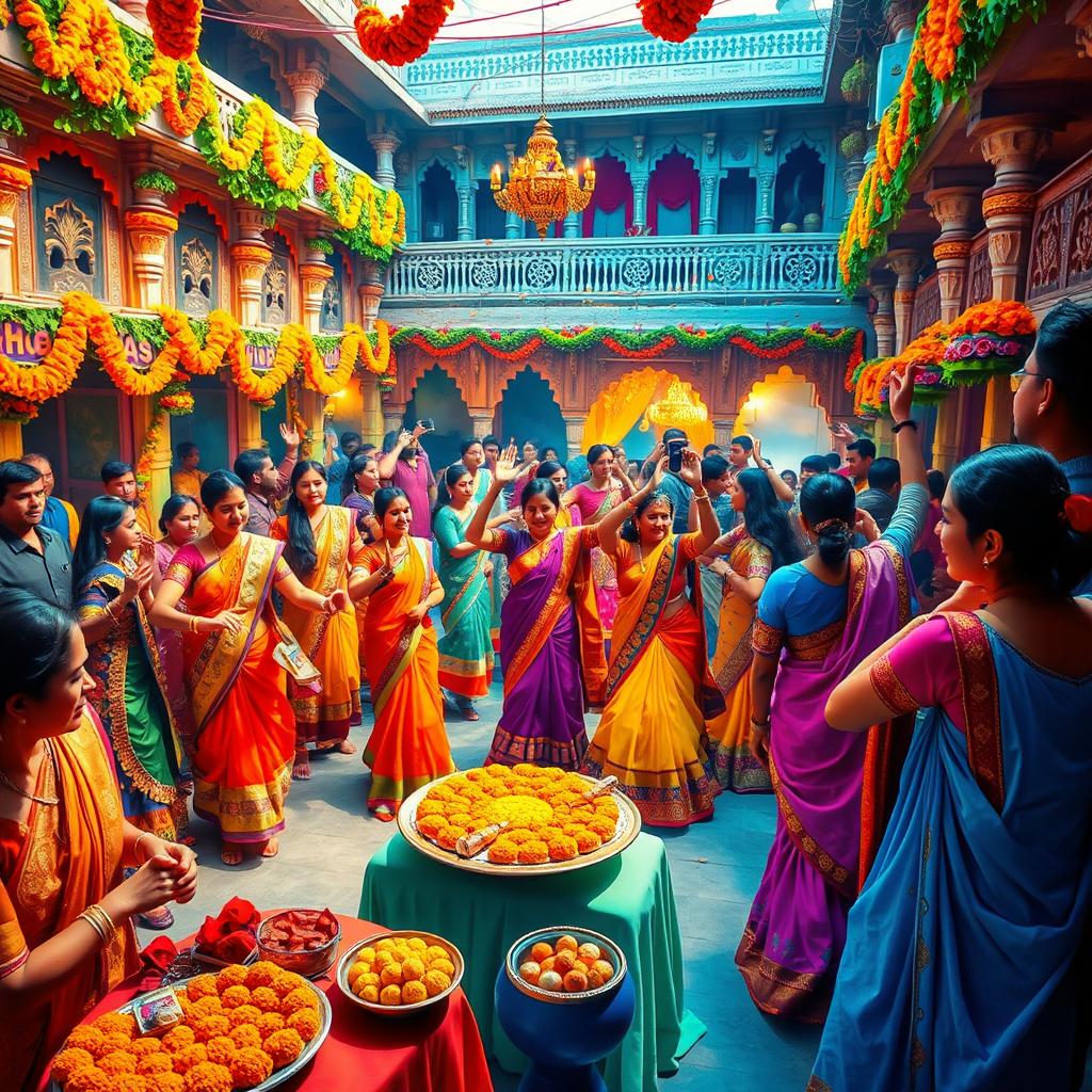 A vibrant and colorful depiction of a traditional Indian celebration, showcasing a lively atmosphere filled with dancers wearing ornate traditional attire such as saris and kurtas, adorned with intricate patterns and colorful fabrics