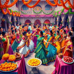 A vibrant and colorful depiction of a traditional Indian celebration, showcasing a lively atmosphere filled with dancers wearing ornate traditional attire such as saris and kurtas, adorned with intricate patterns and colorful fabrics