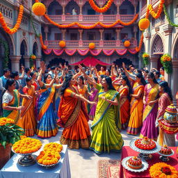 A vibrant and colorful depiction of a traditional Indian celebration, showcasing a lively atmosphere filled with dancers wearing ornate traditional attire such as saris and kurtas, adorned with intricate patterns and colorful fabrics