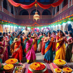 A vibrant and colorful depiction of a traditional Indian celebration, showcasing a lively atmosphere filled with dancers wearing ornate traditional attire such as saris and kurtas, adorned with intricate patterns and colorful fabrics