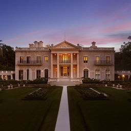 A luxurious mansion with neoclassical architecture, surrounded by beautifully manicured gardens under a twilight sky.