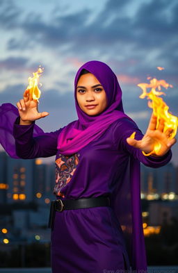 A heroic 16 year old Muslim teenager with a vibrant purple hijab, showcasing dynamic fire powers
