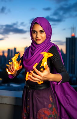 A heroic 16 year old Muslim teenager with a vibrant purple hijab, showcasing dynamic fire powers