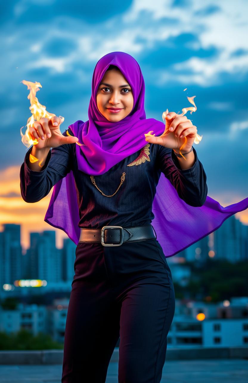 A heroic 16 year old Muslim teenager with a vibrant purple hijab, showcasing dynamic fire powers