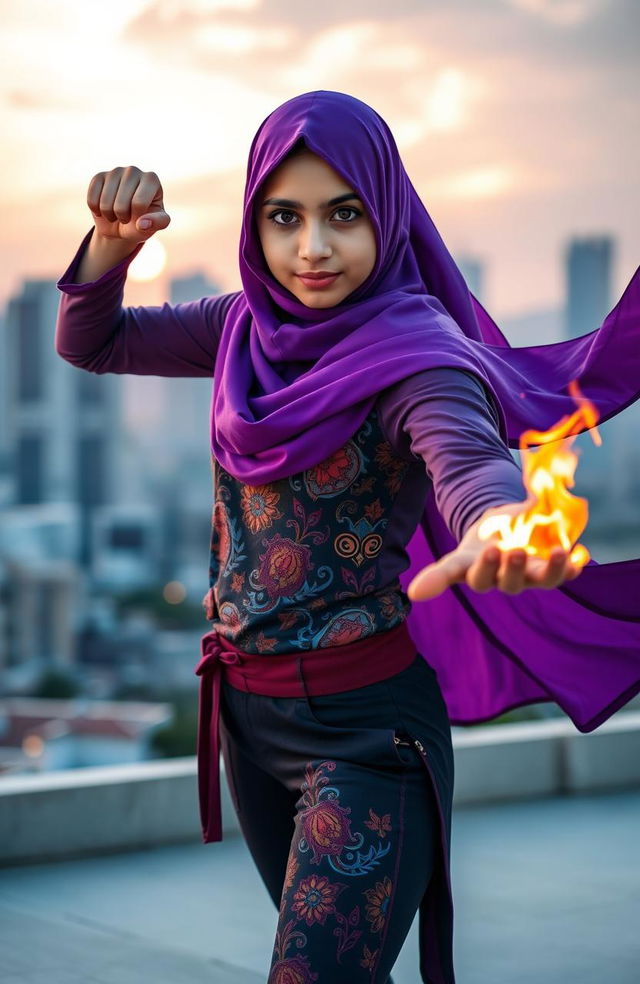 A heroic 16 year old Muslim teenager with a vibrant purple hijab, showcasing dynamic fire powers