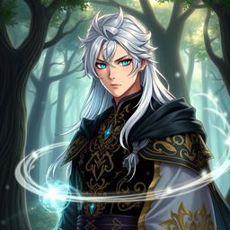 A realistic portrayal of Licht from Black Clover as a human, featuring long white hair styled gracefully, bright turquoise eyes, and a confident expression