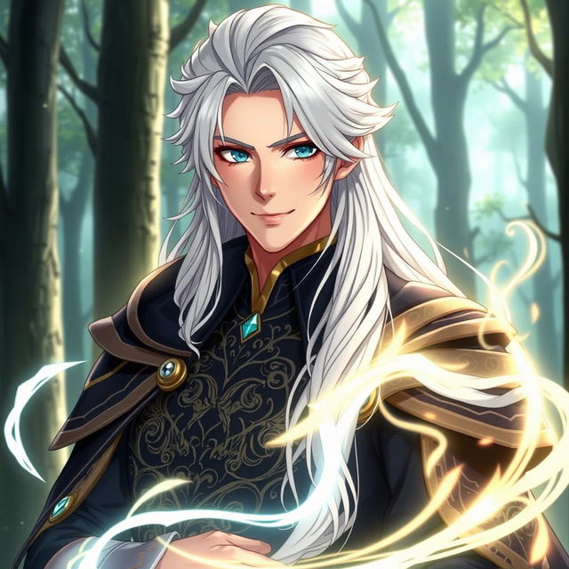 A realistic portrayal of Licht from Black Clover as a human, featuring long white hair styled gracefully, bright turquoise eyes, and a confident expression