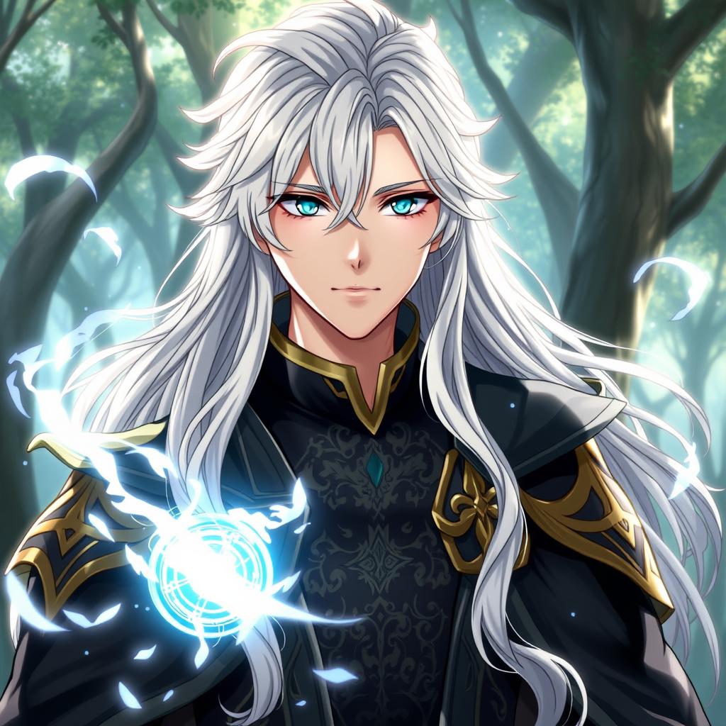 A realistic portrayal of Licht from Black Clover as a human, featuring long white hair styled gracefully, bright turquoise eyes, and a confident expression