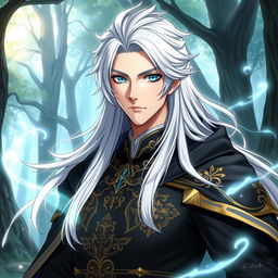 A realistic portrayal of Licht from Black Clover as a human, featuring long white hair styled gracefully, bright turquoise eyes, and a confident expression