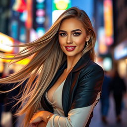 A stunning female model with long flowing hair, striking features, and a radiant smile
