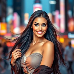 A stunning female model with long flowing hair, striking features, and a radiant smile