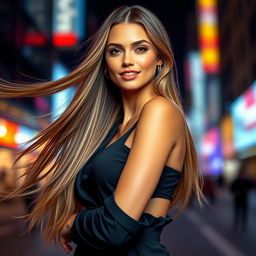 A stunning female model with long flowing hair, striking features, and a radiant smile