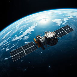A stunning view of an artificial satellite orbiting Earth, showcasing intricate details of its structure and solar panels reflecting sunlight