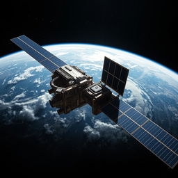 A stunning view of an artificial satellite orbiting Earth, showcasing intricate details of its structure and solar panels reflecting sunlight
