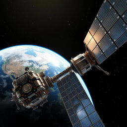 A stunning view of an artificial satellite orbiting Earth, showcasing intricate details of its structure and solar panels reflecting sunlight