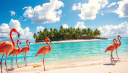 A vibrant scene depicting a tropical island paradise with several flamingos gracefully standing on the sandy beach